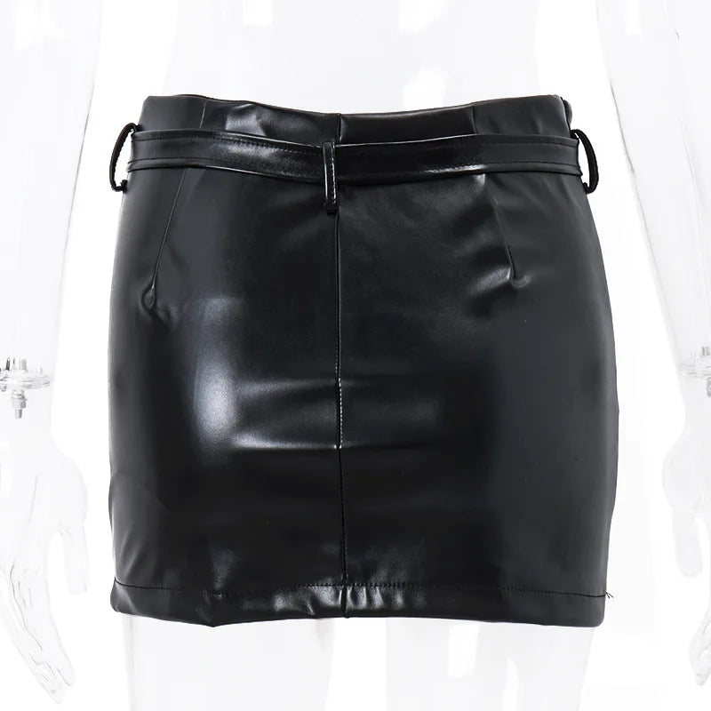 Hnewly Sexy PU Leather Mini Skirt Women Summer High Waist Slim A-line Skirt Female Y2K Vintage All-match Casual Black