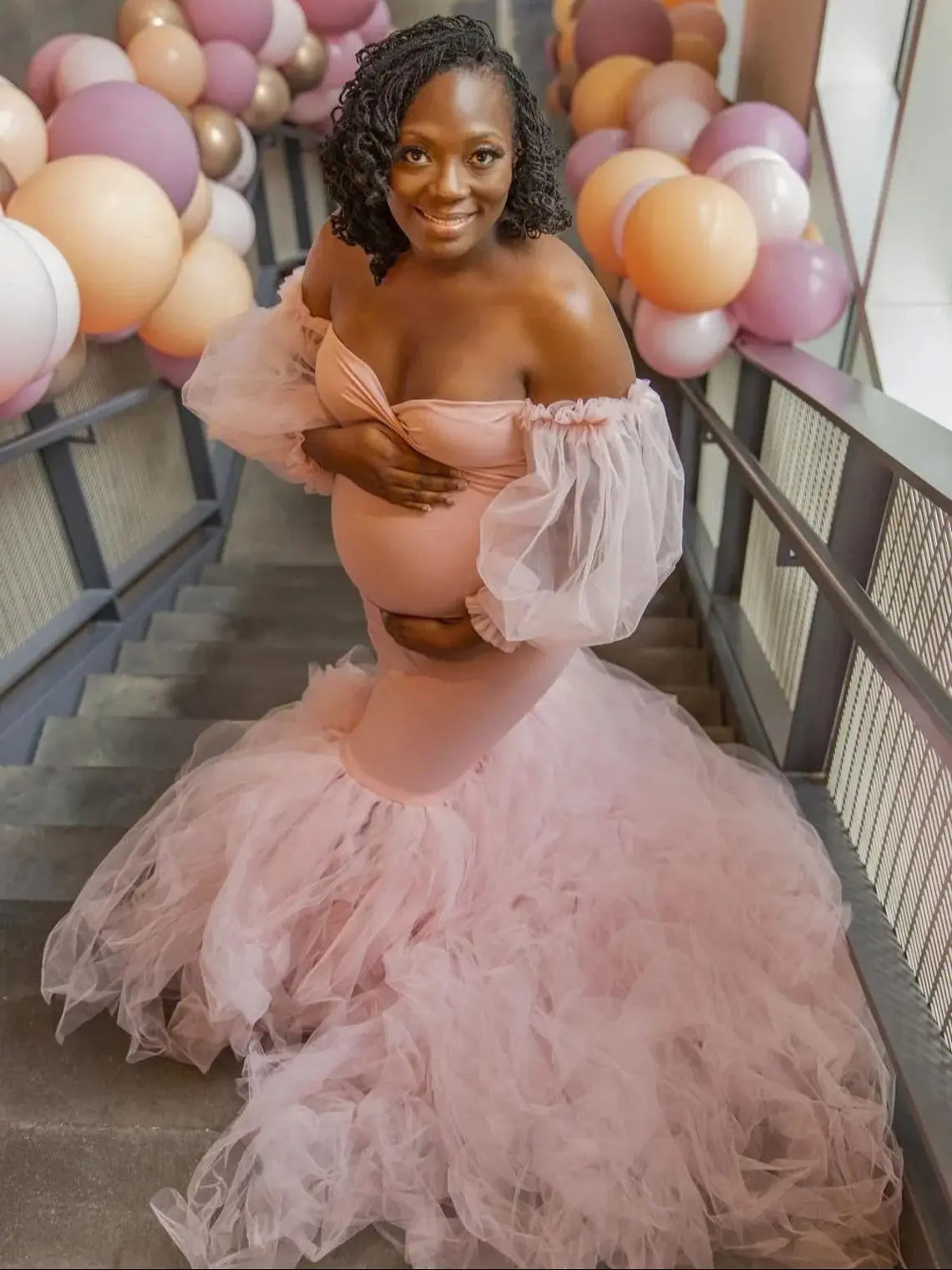 Hnewly  New Pink Tulle Mermaid Fitted Strapless Sweetheart Pregnacy Gown Maternity Dress Photography Prop Gowns Pregnant Woman Dress