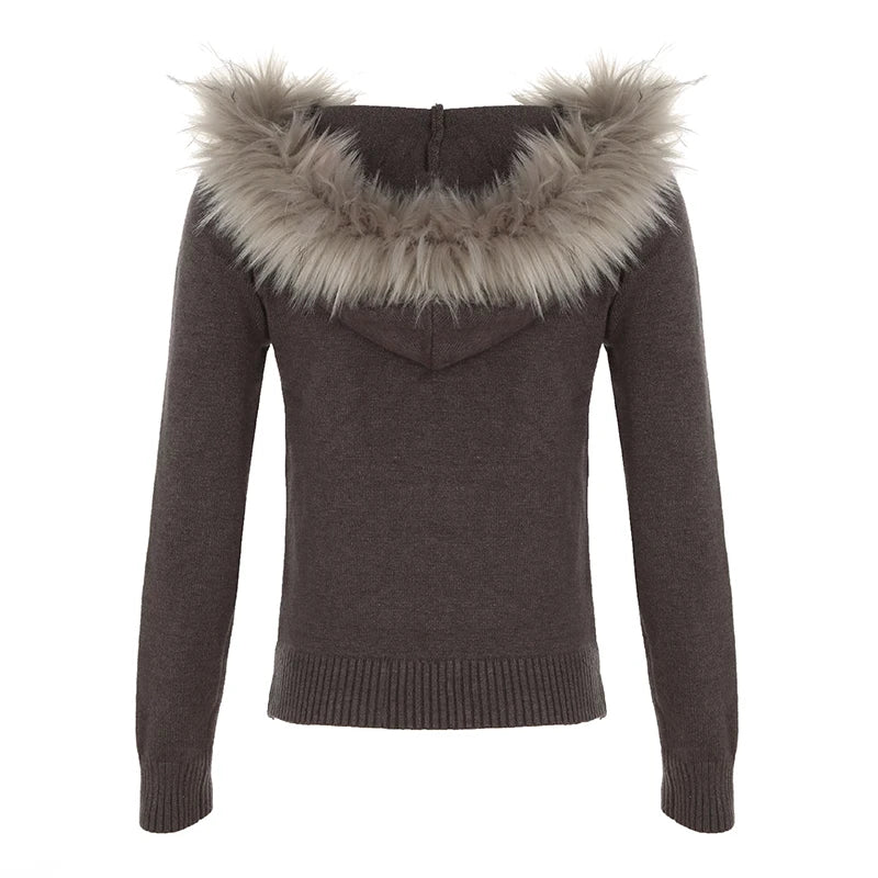 Hnewly Solid Hooded Knitted Autumn Winter New Sweater Cardigan Women Long Sleeve Retro Causal Style Korean Sweater Coat