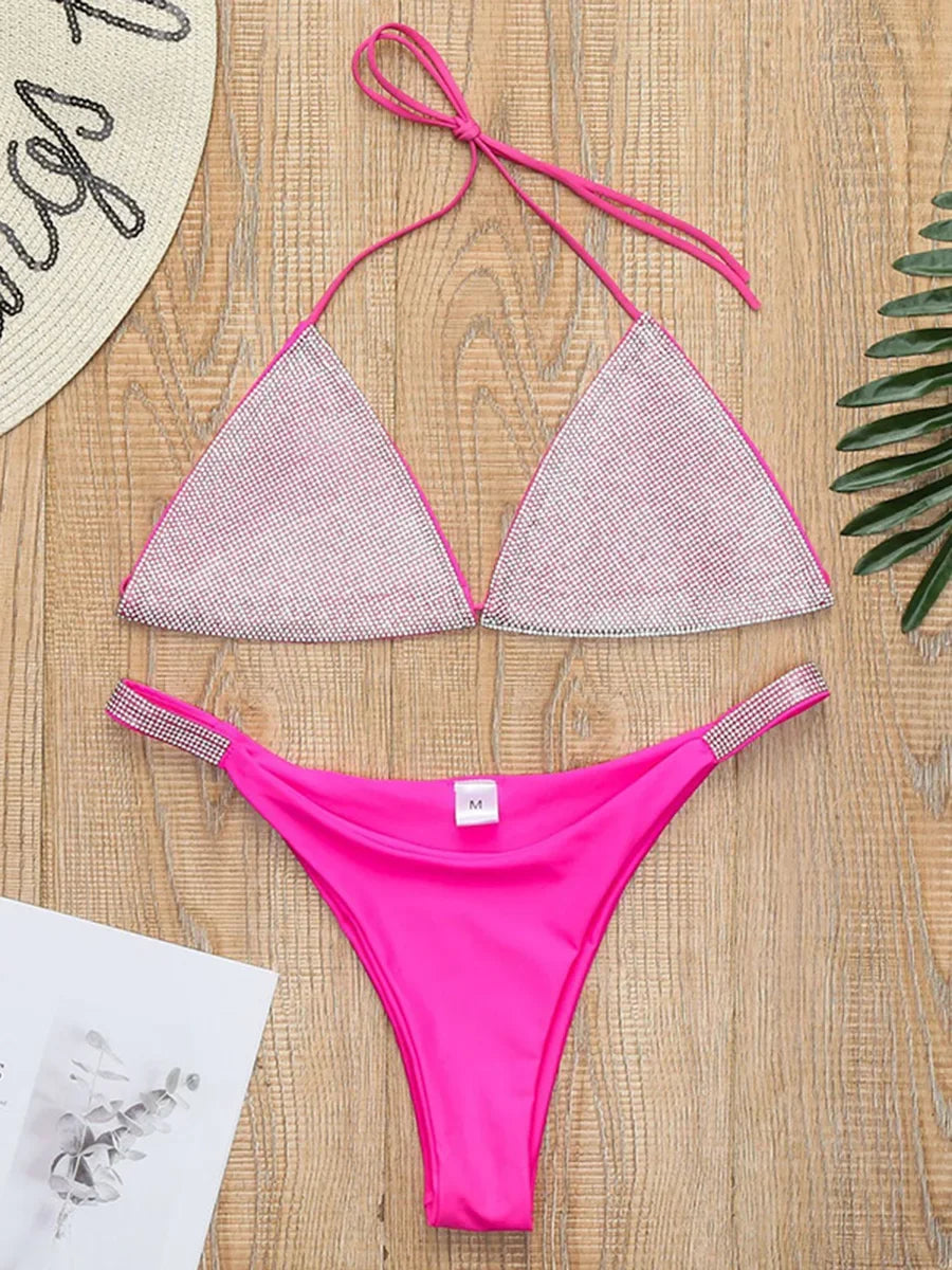 Hnewly  Halter Jewelled Sequins Diamond Bikini Women Swimsuit Female Swimwear Two Pieces Bikini Set Mini Micro Bathing Suit Swim Lady