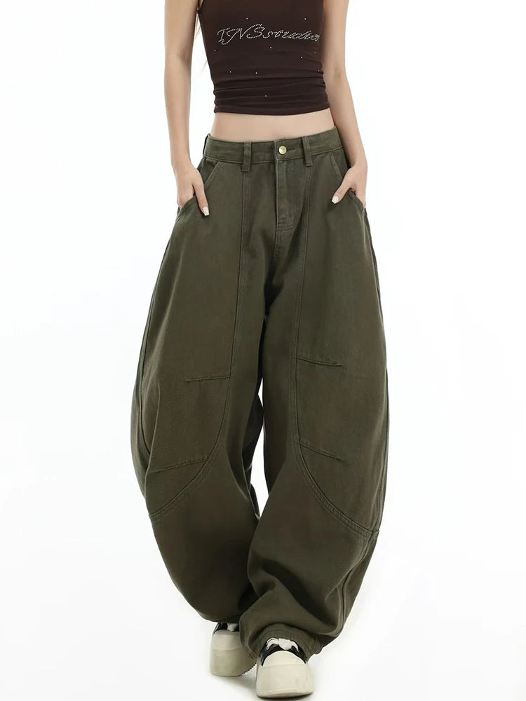 Hnewly Y2K American Retro Cargo Jeans Women High Waist Streetwear Loose Wide Leg Denim Pants Bf Hip Hop All Match Straight Pants New