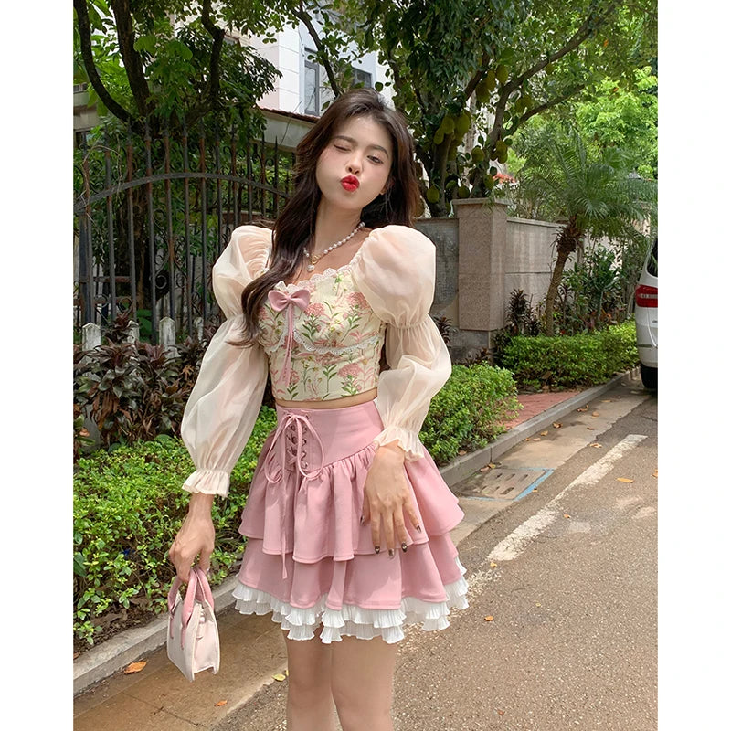 Hnewly Autumn Pink Kawaii Mini Skrts Women Lace Patchwork Korean Fashion Party Skirt Female Casual Chic Designer Bandage Skirts