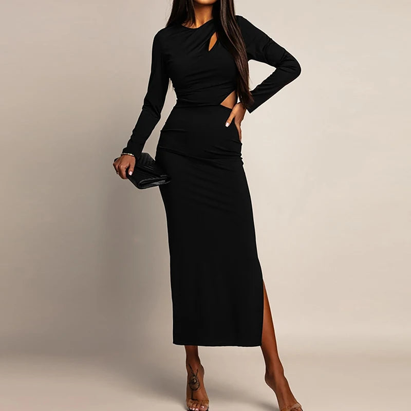 Hnewly  Office Ladies O-neck Long Sleeved Spring Dress Simple Elegant Temperament Elegant Banquet Dress New Fashion Street Long Dresses