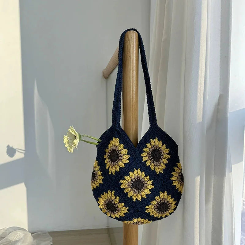Hnewly  Hand-knitted Aesthetic Crochet Shopping Bag Casual Handbag Crossbody Bags Leisure Holiday Beach Tote
