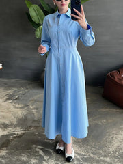 Hnewly  Spring Women's Long Dress Solid Color Simple Fashion Button up Long Sleeved Ruched Casual Turn-Down Collar
