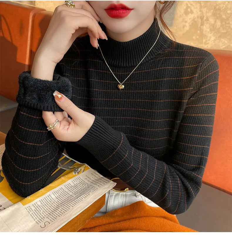 Hnewly  Half High Collar Striped Sweater Velvet Bottoming Shirts for Women's Autumn Winter Thicked Warm Pullover Slim Knitting Top
