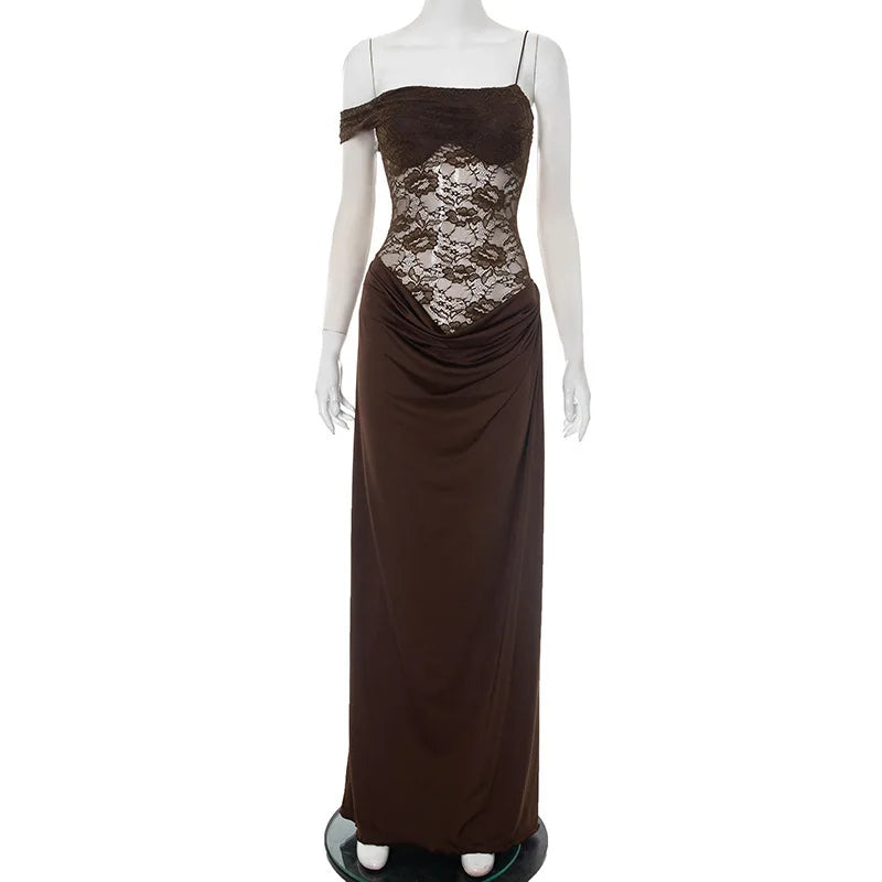 Hnewly  Sexy Party Women's Dress Halter Sleeveless Backless Side Split Lace Solid Female Dresses Summer Evening Elegant Lady Robe