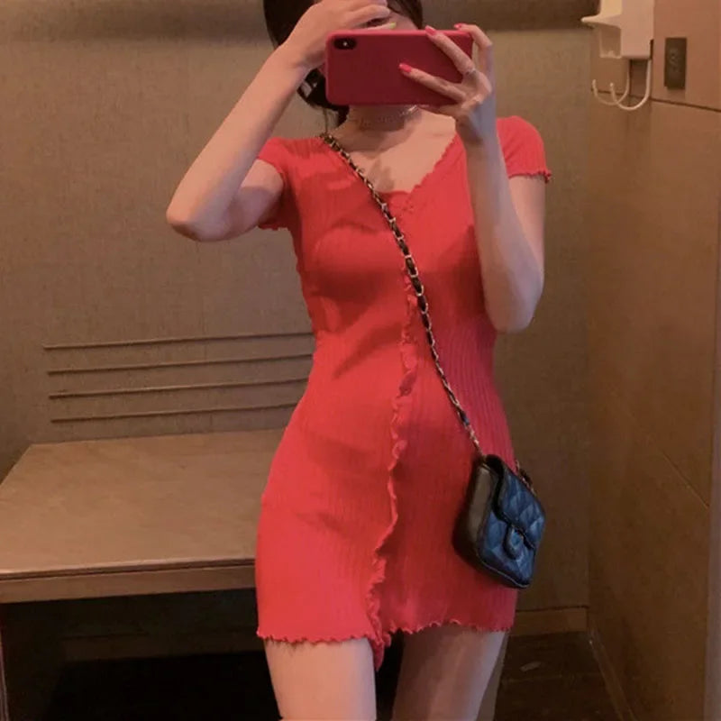 Hnewly  French Sexy Skinny Dress for Woman Summer V-Neck Button Design Blue Short Sleeve Dresses Women Sweet Holiday Bag Hip Dress