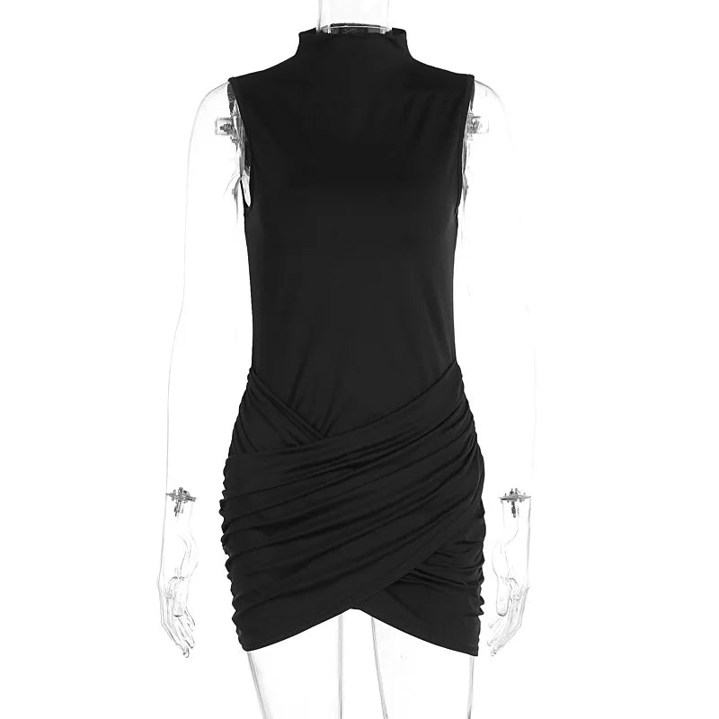 Hnewly  Sleeveless Sexy Mini Dress For Women Turtleneck Ruched Tank Dress Female Elegant Club Party Dress Slim Summer New
