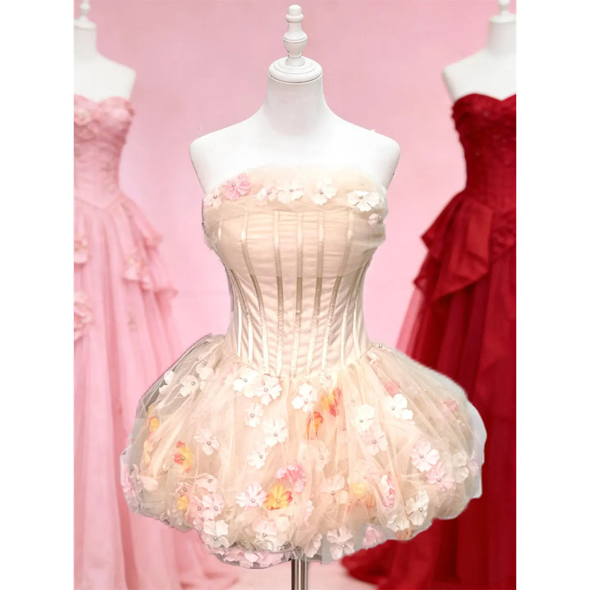 Hnewly  Summer New Birthday Banquet Coming-of-Age Gift Sweet Women's Pink Blue Black Apricot Flower Applique Short Puffy Dress