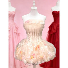 Hnewly  Summer New Birthday Banquet Coming-of-Age Gift Sweet Women's Pink Blue Black Apricot Flower Applique Short Puffy Dress