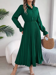 Hnewly  Elegant Single-breasted Pleated High Waist Solid Long Sleeve Dress, Women's Clothing