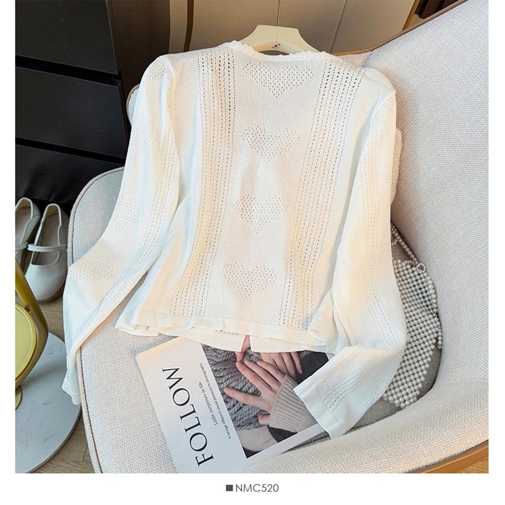 Hnewly  Sweet Lace Trim Heart Hollow Knit Cardigan Women's V-Neck Long Sleeve Early Autumn Bow Tie Loose Fit Female Short Tops