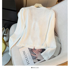 Hnewly  Sweet Lace Trim Heart Hollow Knit Cardigan Women's V-Neck Long Sleeve Early Autumn Bow Tie Loose Fit Female Short Tops