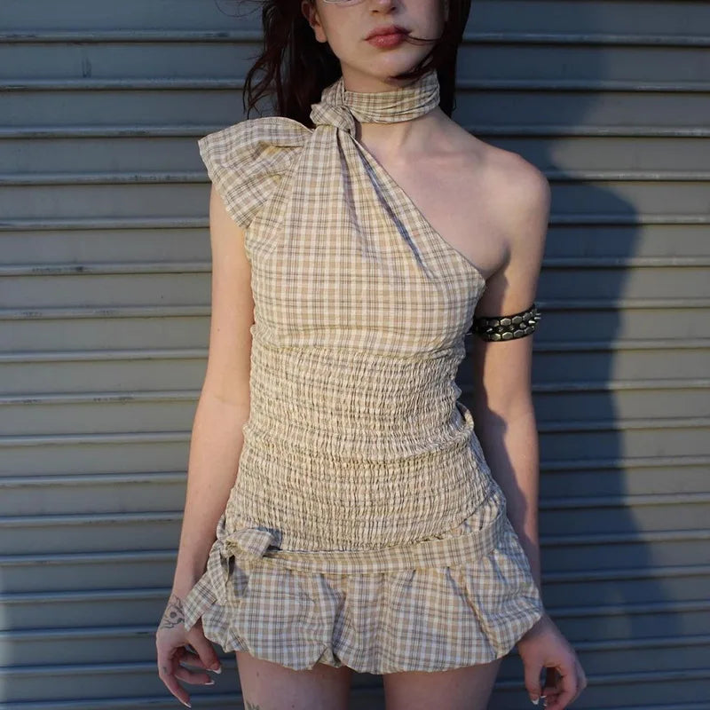 Hnewly  Summer New Dress Set Women Plaid Print Fashion Shirring Tanks Tops+Bow Bandage Pleated Skirts Female Chic Street Outfits