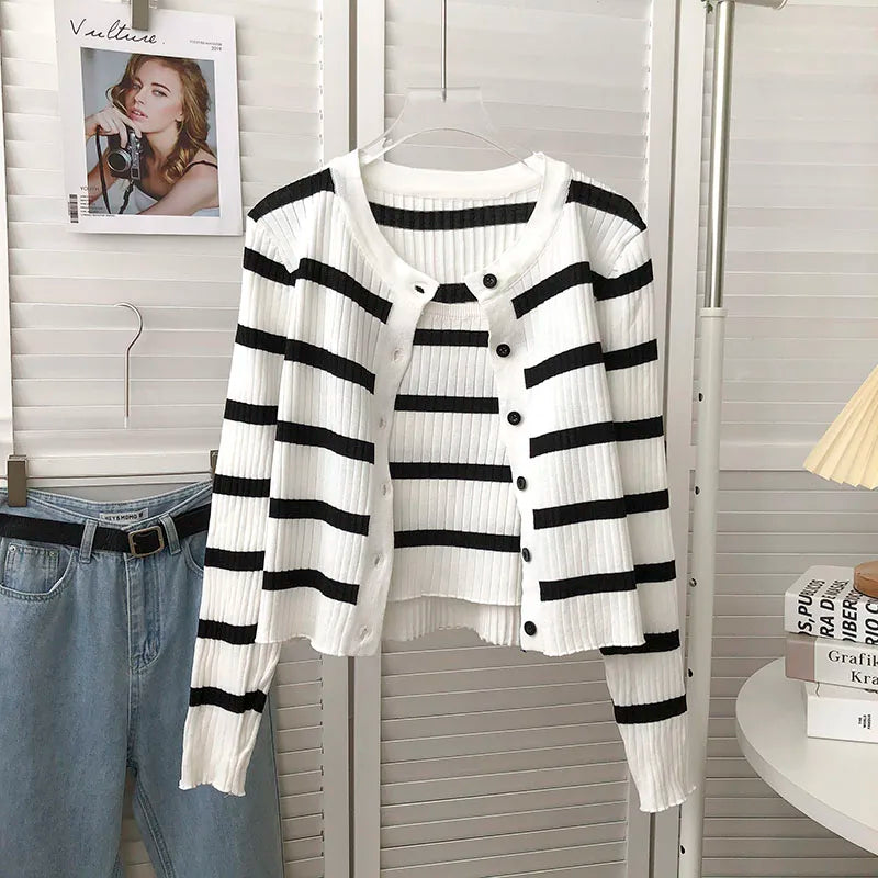 Hnewly  Women's Striped Knitting Cardigan Single Breasted Long Sleeved Sweater+Spaghetti Straps Vest Spring Autumn Korean Top 2pcs