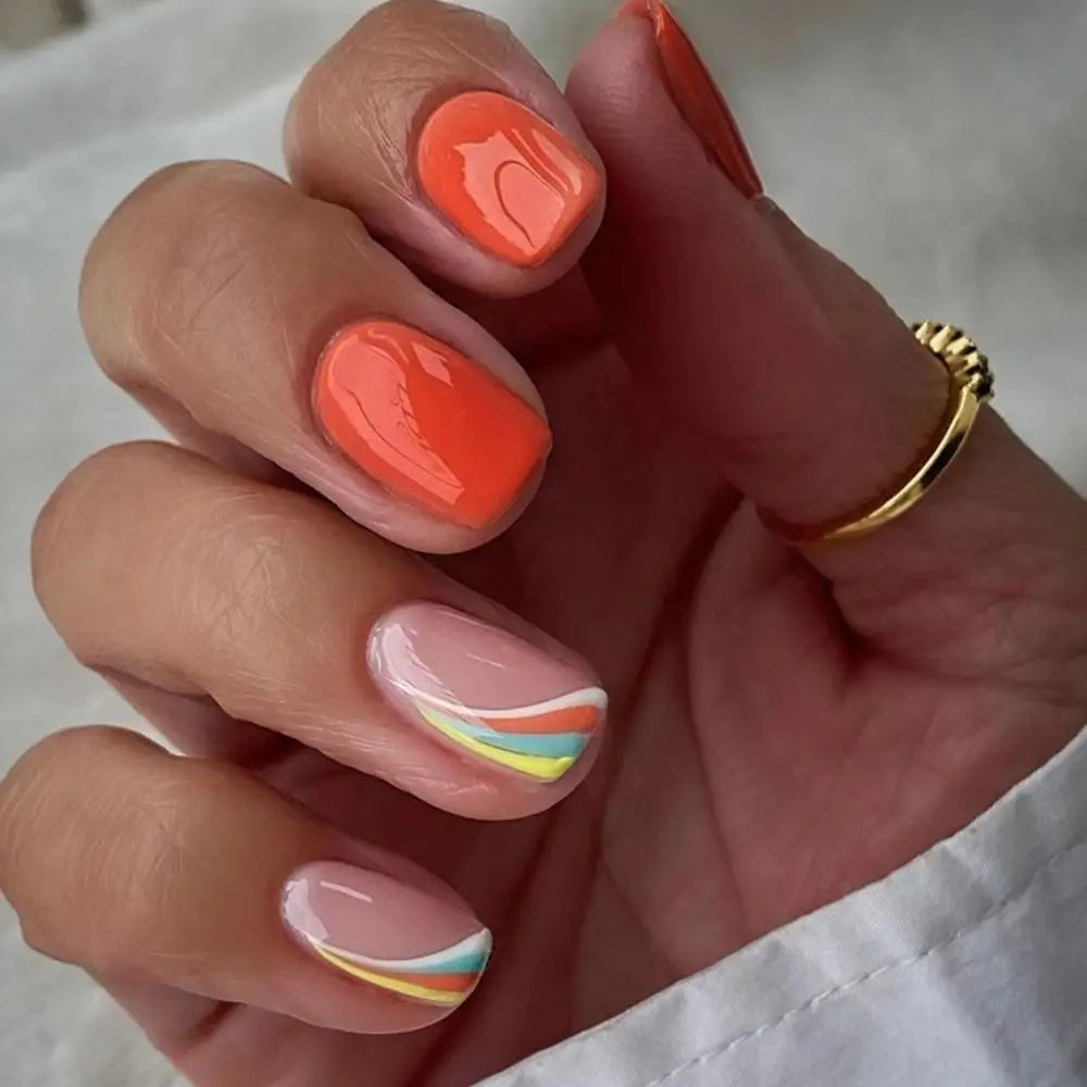 Hnewly 24Pcs Press On Nails Simple French Colorful Wavy Abstract Line Fake Nails Full Cover Nail Art Tips Coffin Square Head False Nail
