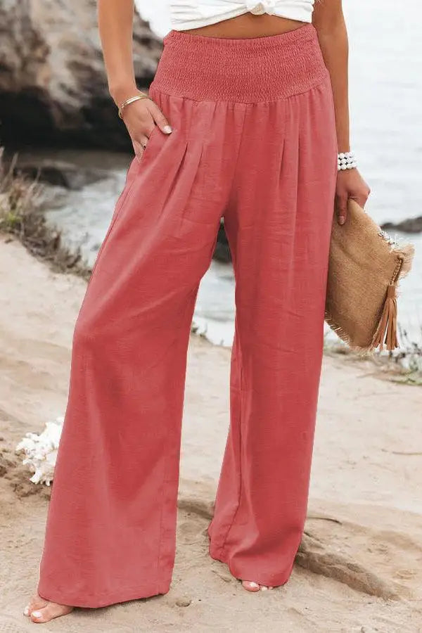 Hnewly  Cotton and Linen Solid-color Stretched-waist Wide-leg Pants Casual Pants Long Pants for Women Spring and Summer Women's Wear