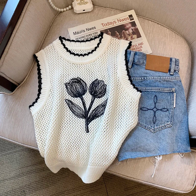Hnewly  Summer Hollow Out Sleeveless Knitted Vest For Women's Outerwear O-Neck Elegant Floral Print Pullover Fashion Girls TankTop