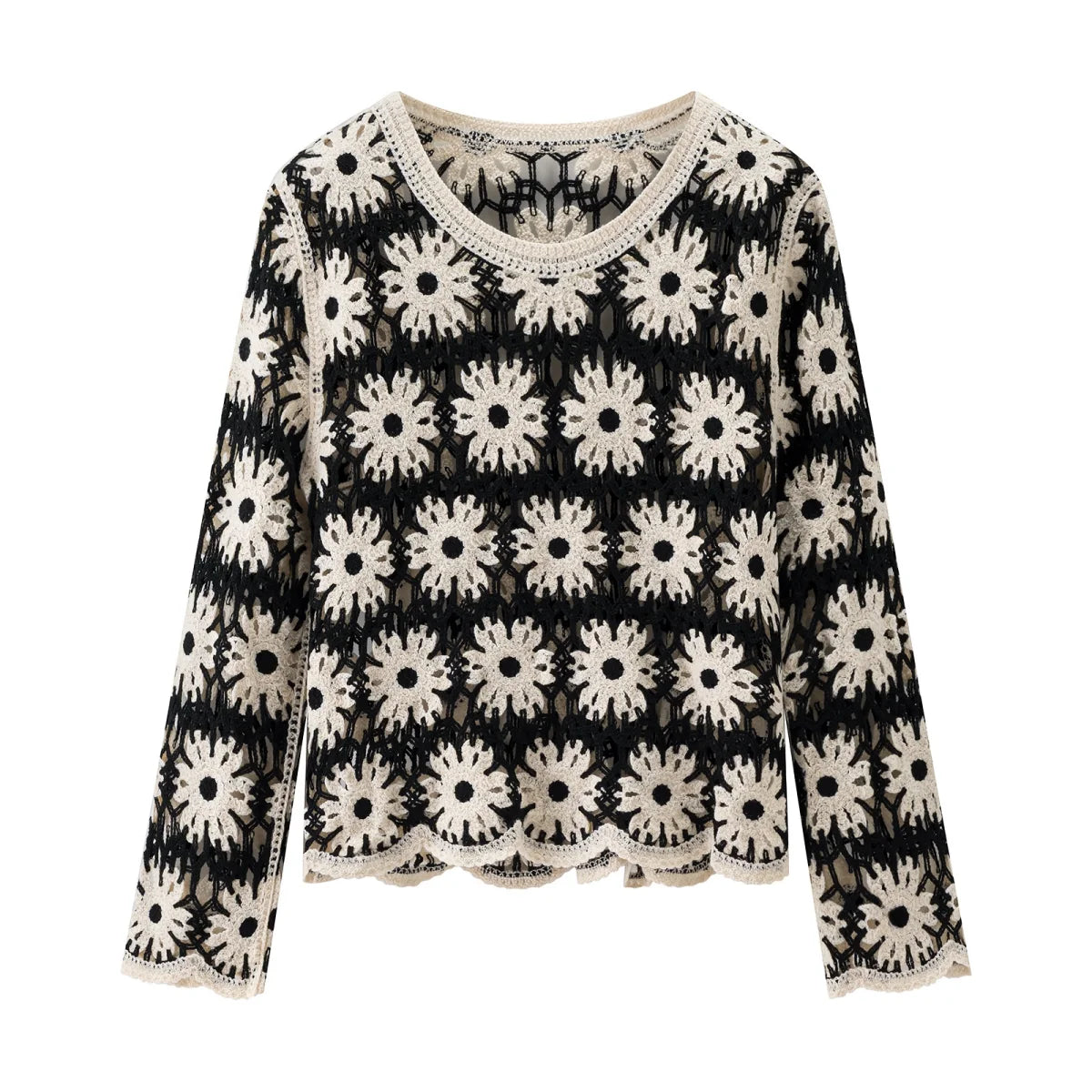 Hnewly  Long Sleeve Daisy Crochet Top Women Sheer Openwork Floral Knit Pullover Sweater Teen-girl Cover Up Boho Beach Vacation Outfit