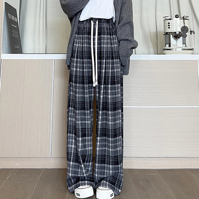 Hnewly  Autumn Winter Wide Leg Plaid Trousers Women Korean Elastic Waist Baggy Pants Woman Comfy Soft Warm Oversized Pants Female