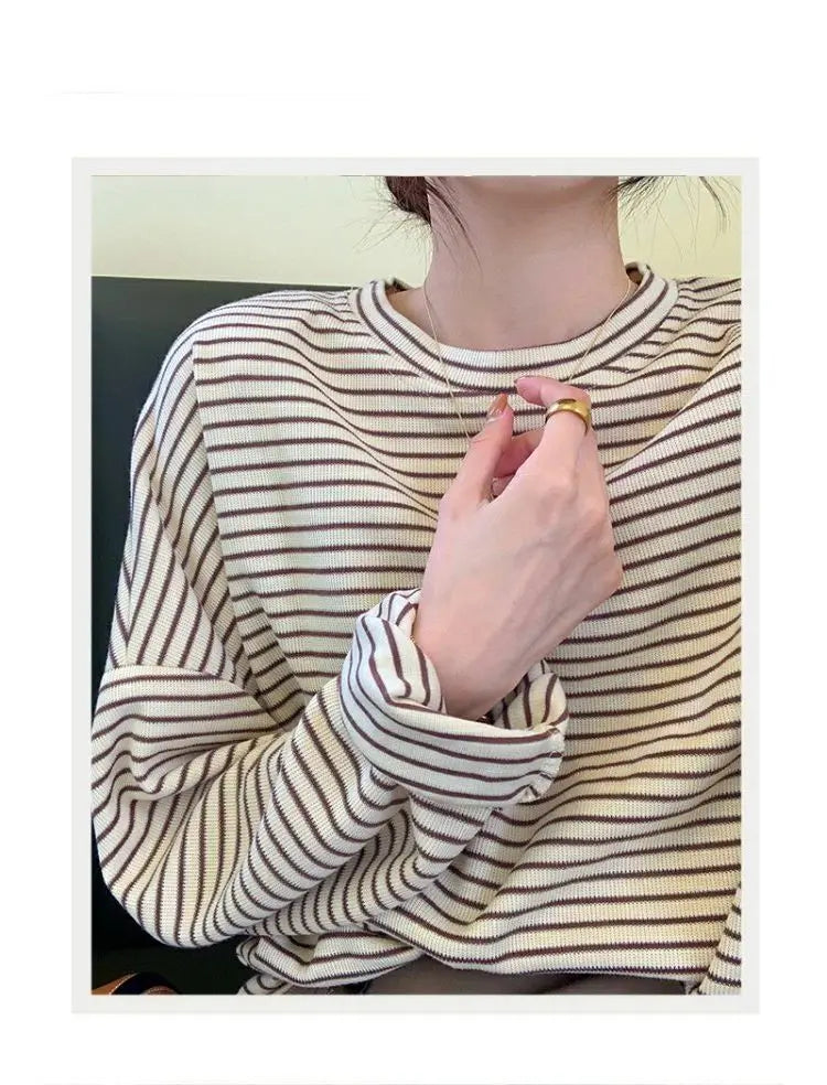 Hnewly  Coffee Stripes Cotton T-Shirts Women Loose Spring Autumn 2023 Lady Casual Full Sleeve O-Neck Chic All Match Tops