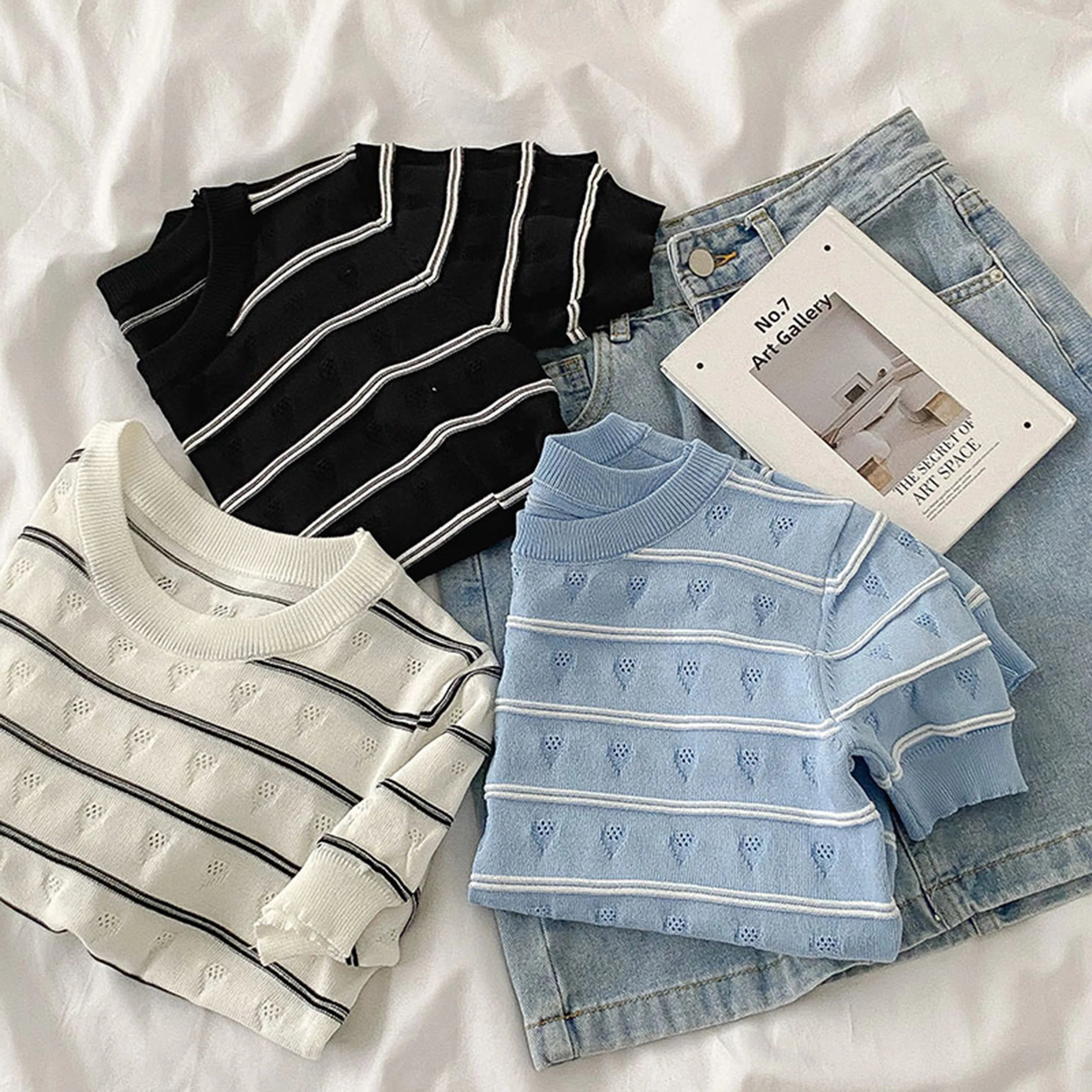 Hnewly  Vintage Stripe Knitted T-Shirt Women's Spring Summer New Fashion All-matched O- Neck Short Sleeve Slim Short Shirt Tops