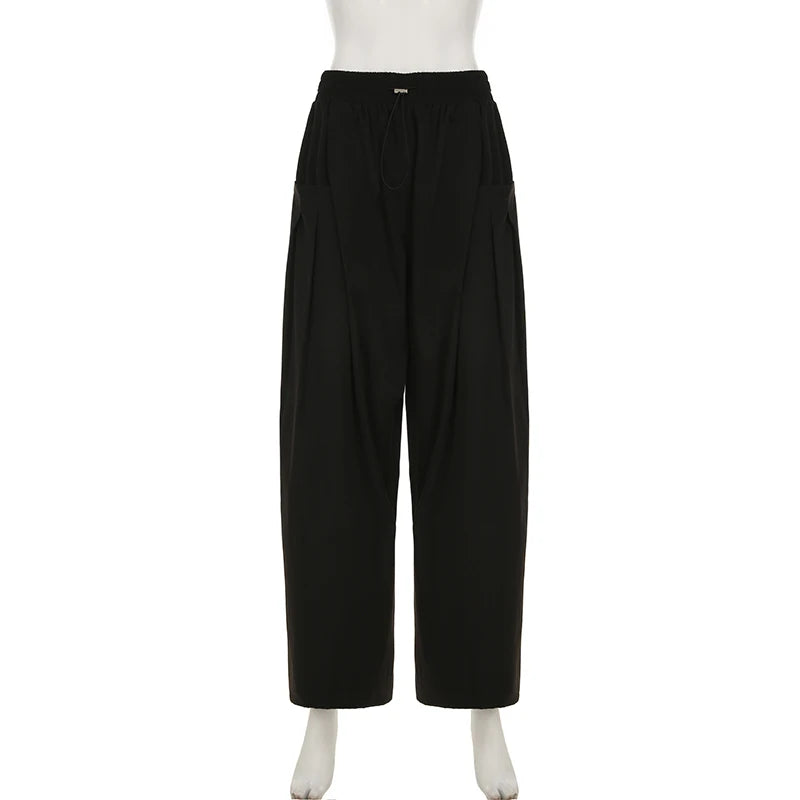 Hnewly  Black Vintage Loose drawstring Sweatpants Women Solid Wid Leg Oversize Pant Y2k Casual Hip Hop Cargo Trousers Summer