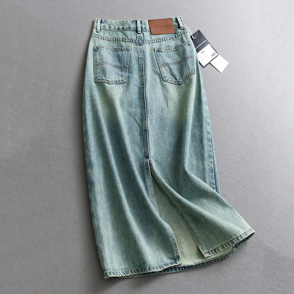 Hnewly  Splitted High Waisted Denim Skirt Women's Versatile Mid Length Jeans Skirt Autumn Light Color Fashion Double Pocket Skirts