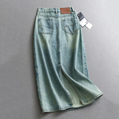 Hnewly  Splitted High Waisted Denim Skirt Women's Versatile Mid Length Jeans Skirt Autumn Light Color Fashion Double Pocket Skirts