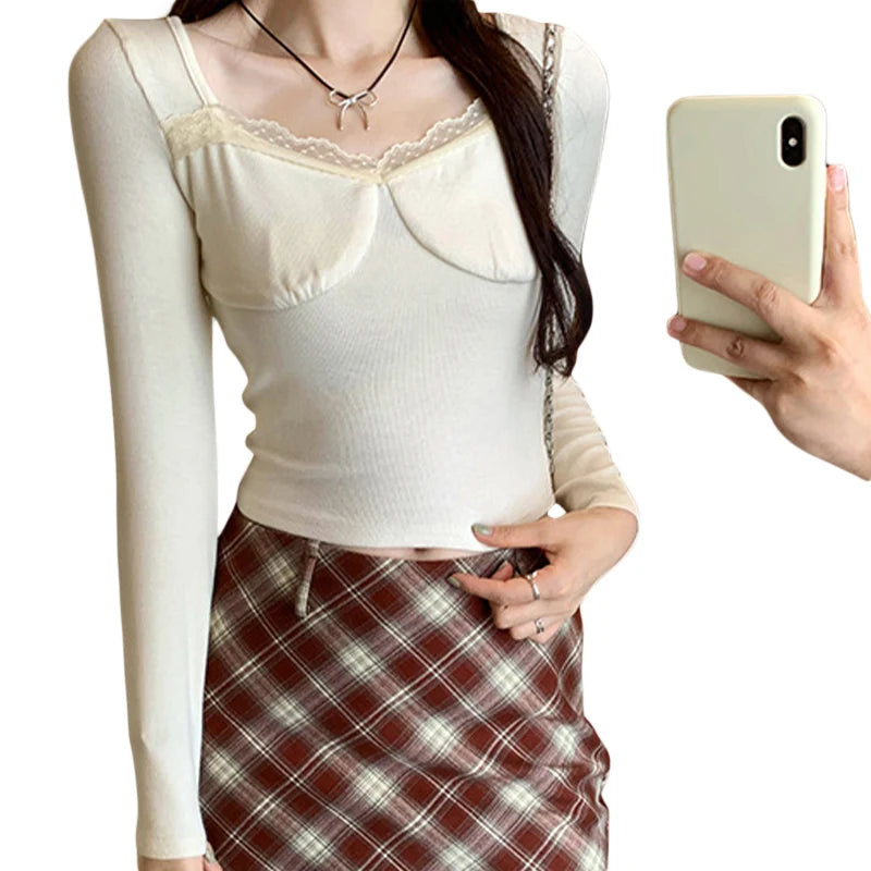 Hnewly spring birthday outfit y2k Fairycore Top Women Fashion Clothes Lace Trim V Neck Long Sleeve Ribbed T Shirt 2000s Coquette Clothing Streetwear