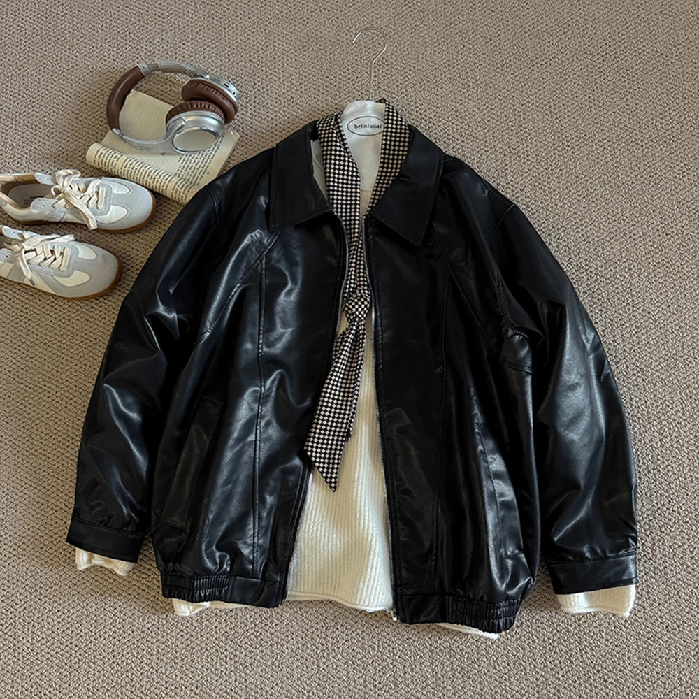 Hnewly  Retro Chic pu Leather Jacket Women's 2025 Spring Autumn Fashion Lapel Versatile Windproof Sweet&Cool BF Style Female Outerwear
