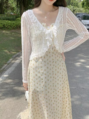 Hnewly  Women's Lace Cardigan Tie-up Ruffled Lace Trim Long Sleeve See-Through Mesh Crop Top Shrug Cardi Spring Summer Cute Outfit