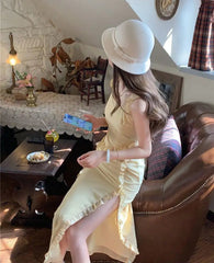 Hnewly  Elegant Dresses Women Sleeveless Ruffles Patchwork Split Bandage Summer Fashion Sweet Female Dress Holiday Casual