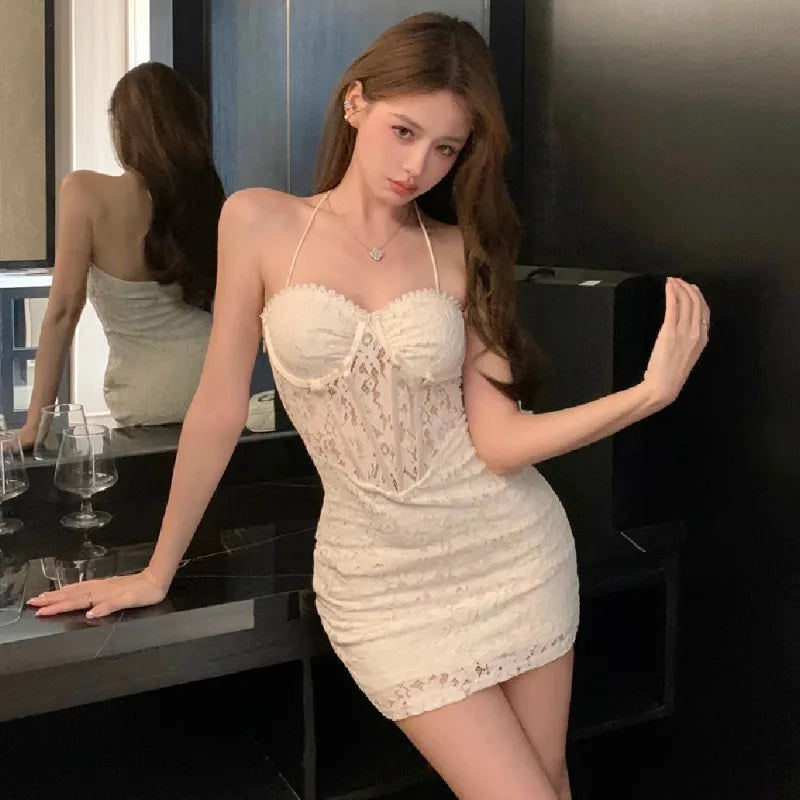 Hnewly  Woman Dress Sexy Sleeveless Lace Patchwork Elegant Backless Slim Summer Fashion Party Mini Dresses Female Clubwear
