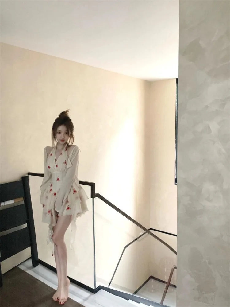 Hnewly French Elegant Even Party Floral Dress Casual Female Slim 2000s Vintage Clothing Design Sexy Blackless Bodycon Dress Summer