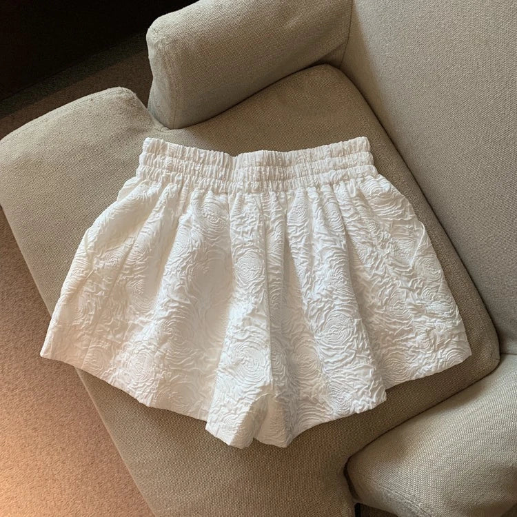 Hnewly  Black White Jacquard Shorts Women 2025 Summer Elastic High Waist Pockets Wide Leg Shorts Woman Loose Streetwear Half Pants