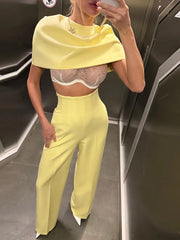 Hnewly  Elegant Solid Women's Blazer Trouser Suit Chic Long Sleeve Double-Breasted Cape Wide Leg Pants Fashion Female Outfits