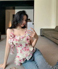 Hnewly  Irregular Camis Women Sweet Sexy Floral Printed Slash Neck Vintage Summer Fashion Holiday Tank Tops Female Casual