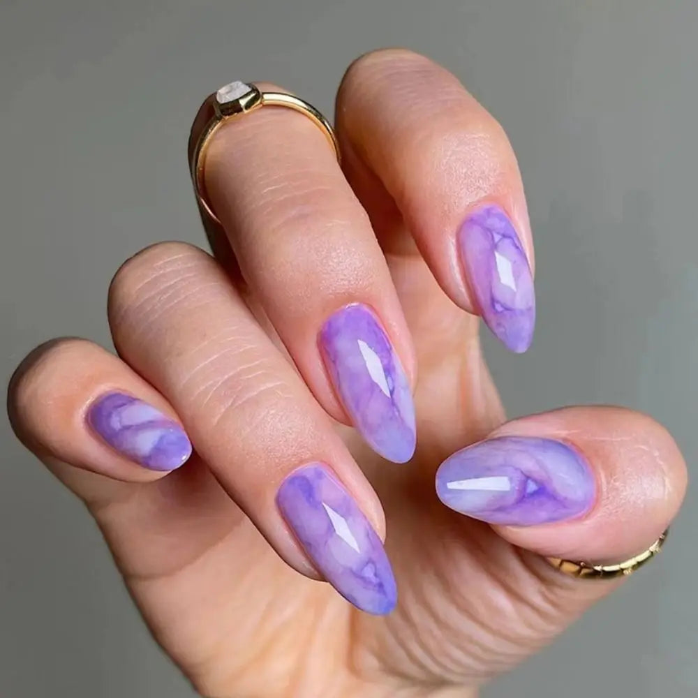 Hnewly 24pcs Long Almond Purple False Nails French Cat's Eye Cherry Press On Nails Stiletto Fake Nails Manicure Detachable Nail Tips