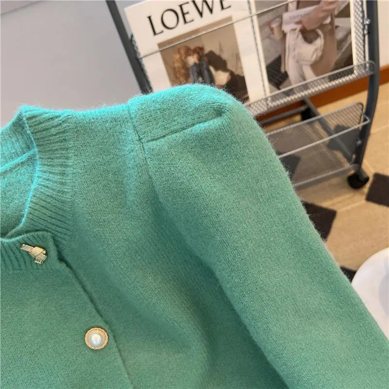 Hnewly  Elegant Metal Button Sweater Solid Long Sleeve Korean  O-Neck Puff Sleeve Knit Cardigan Coat Women Spring  Autumn Loose Top