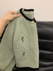Hnewly  French Flower Embroidery Sweater Sweet Spring Autumn Contrasting Color O-neck Knitted Cardigan Women Long Sleeved Loose Jacket