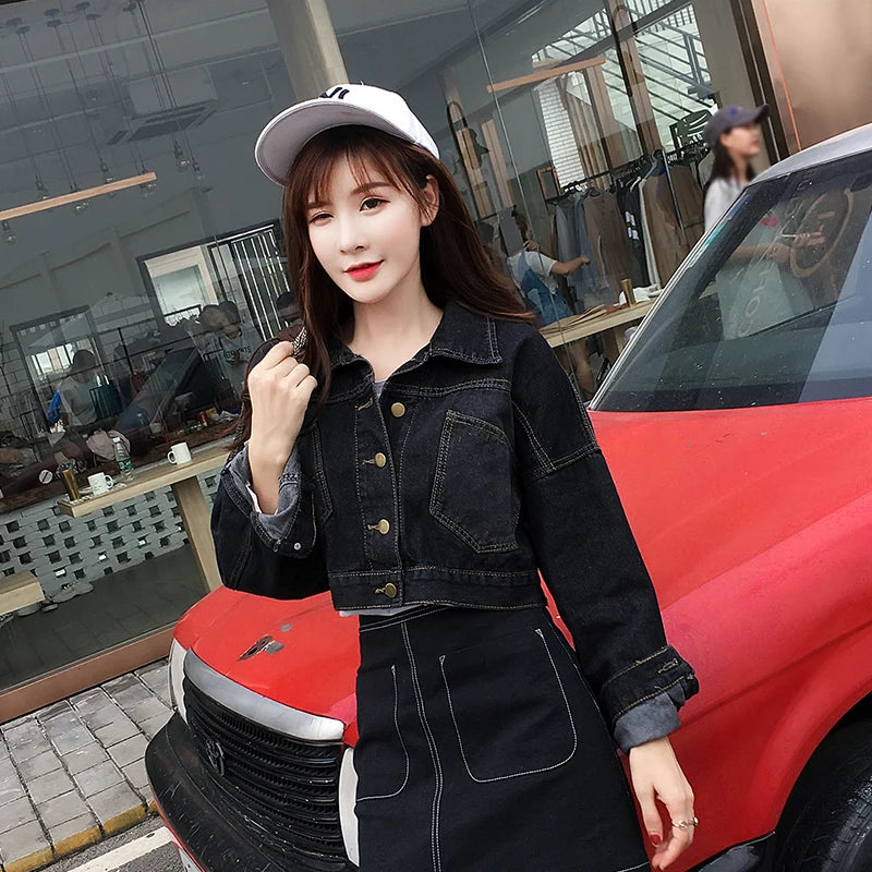 Hnewly Jean Jacket for Women Spring Autumn New Korean Bat Sleeved Short Top Loose BF Style Student Fashion Turn-down Collar Denim Coat
