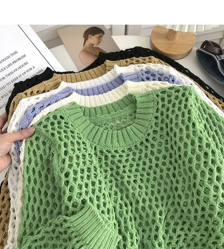 Hnewly Hollow Sun Protection Shirt Women's Summer Loose Pullover O-Neck Puff Long Sleeve Air Conditioning Knitwear Korean Retro Top