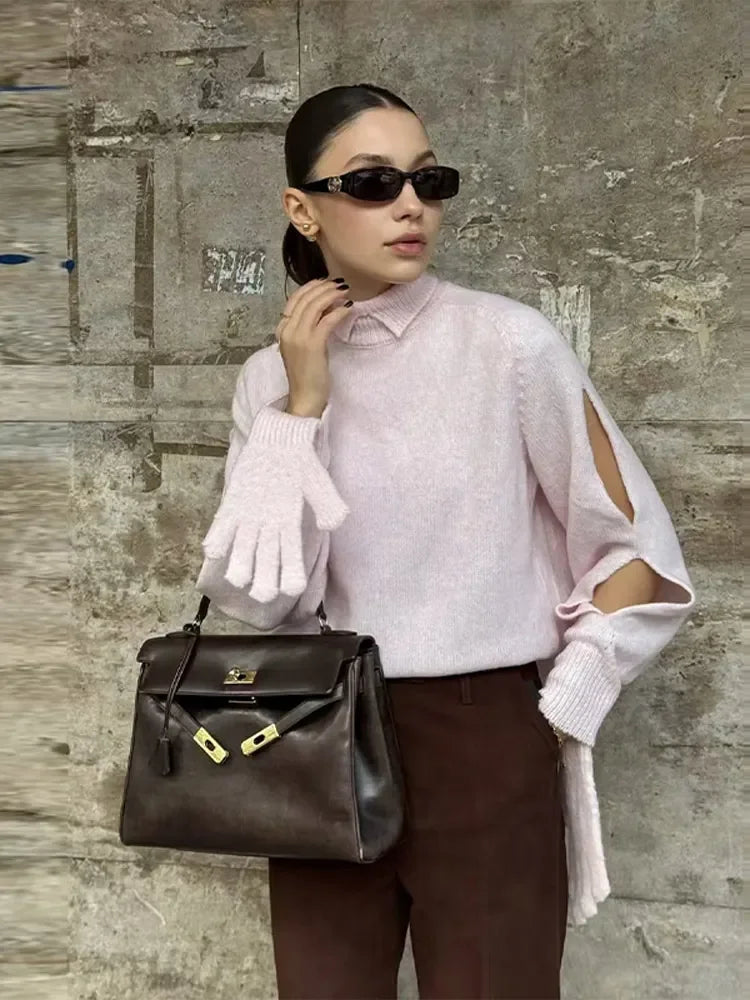 Hnewly  Casual Glove Knitted Sweaters Women Hollow Out Full Sleeve O-neck Loose Pullovers Female Winter Chic Lady Knitwears New