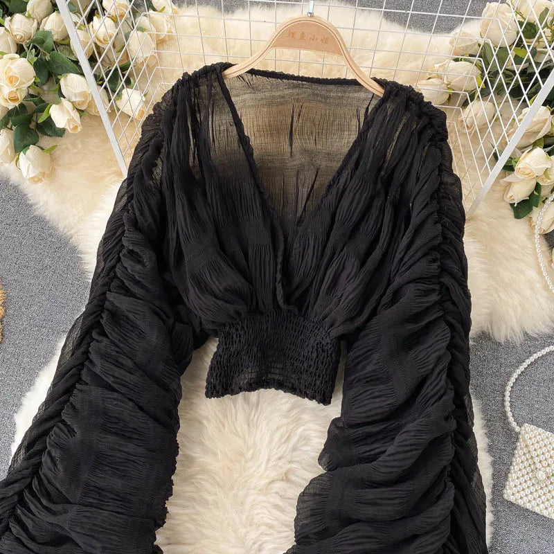 Hnewly Women Sexy Chiffon Short Blouse Female See Through Super Long Sleeve Blusas Purple/Green/Black/White Folds Party Tops New