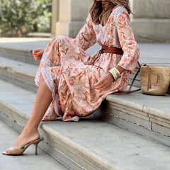 Hnewly  Casual Long Sleeved Loose Beach Dress New Spring Floral Print Bohemian Dress Vintage Women V-neck High Waist Holiday Dress