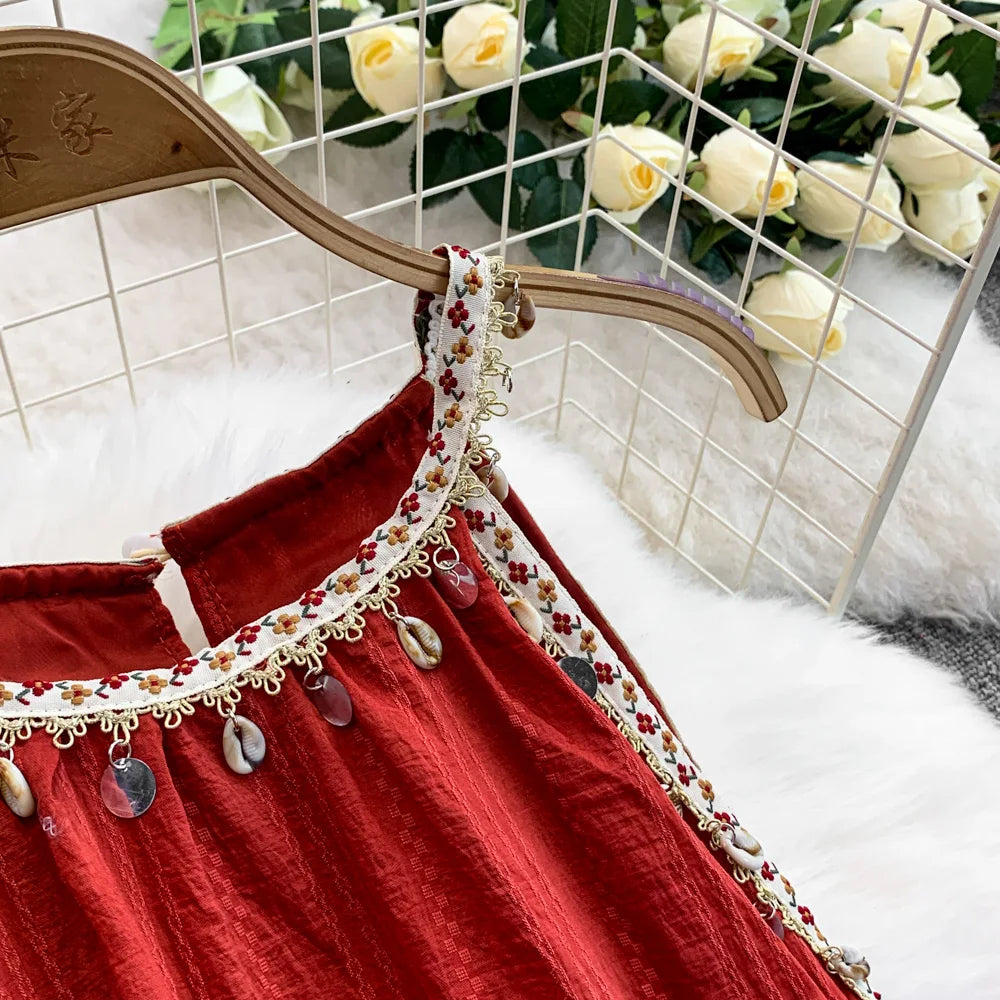 Hnewly  Bohemian Vacation Style Red Dress Design Sense Tassel Irregular Loose Dresses French Style High-end  Sleeveless Long Dress