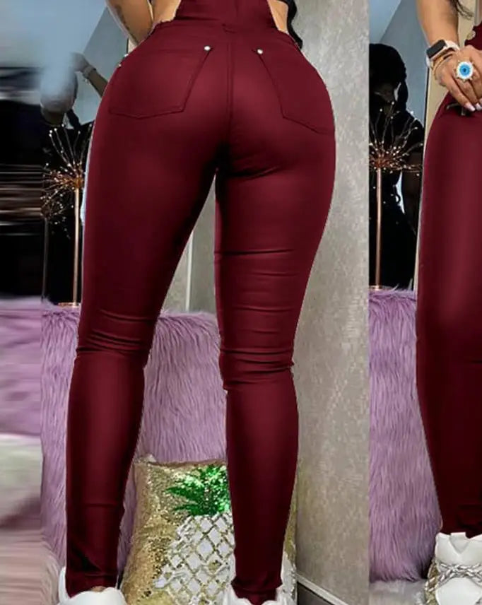 Hnewly Cool Stylish High-End Buckle Zipper Design Solid Color Jumpsuit Pants Slim Fit High Waisted Tight Fitting Ankle Strap Overalls