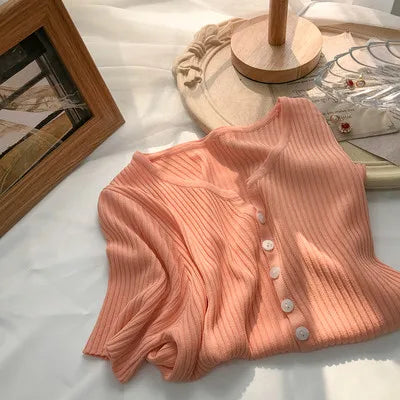 Hnewly  Knitted Short Sleeved T-shirt Sweater Women Spring  Summer 2025 Thin Loose V-neck Single Breasted Top Solid Short Cardigan Coat